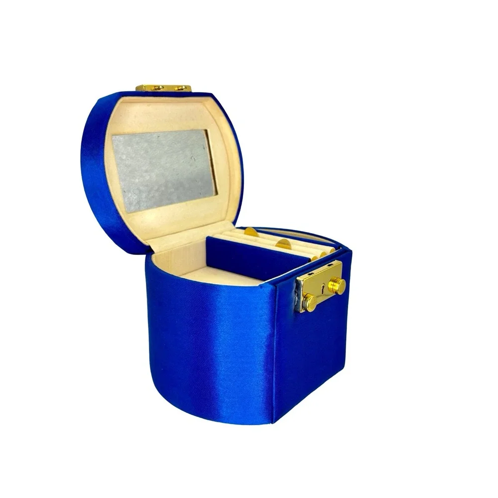 Vintage Blue Travel Jewelry Box Case w/ Mirror Drawers‎ & Keys Gold Hardware
